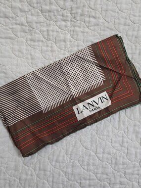 Vtg Lanvin Paris 100% Silk Scarf Brown Geometric Stripes Cream Orange Green EUC.